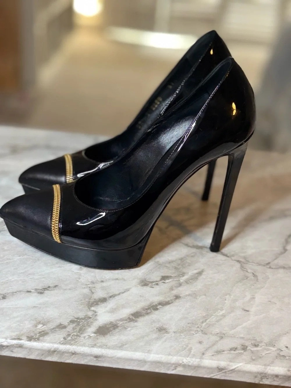 Saint Laurent Black Patent Leather Pointed Toe Pumps w/ Gold Chain Trim Sz 37.5
